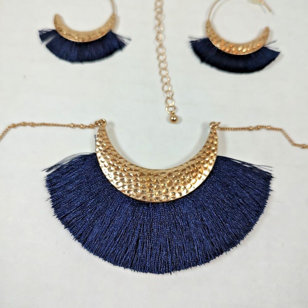 Gold Tone Hammered Metal Navy Blue Fringe Necklace 29" - 32" & Earrings Set - Picture 5 of 8